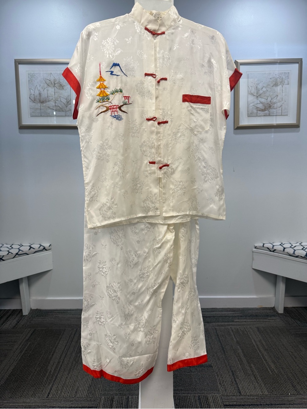 VINTAGE 1950s Ivory Satin Embroidered Two-Piece Set with Red Trim